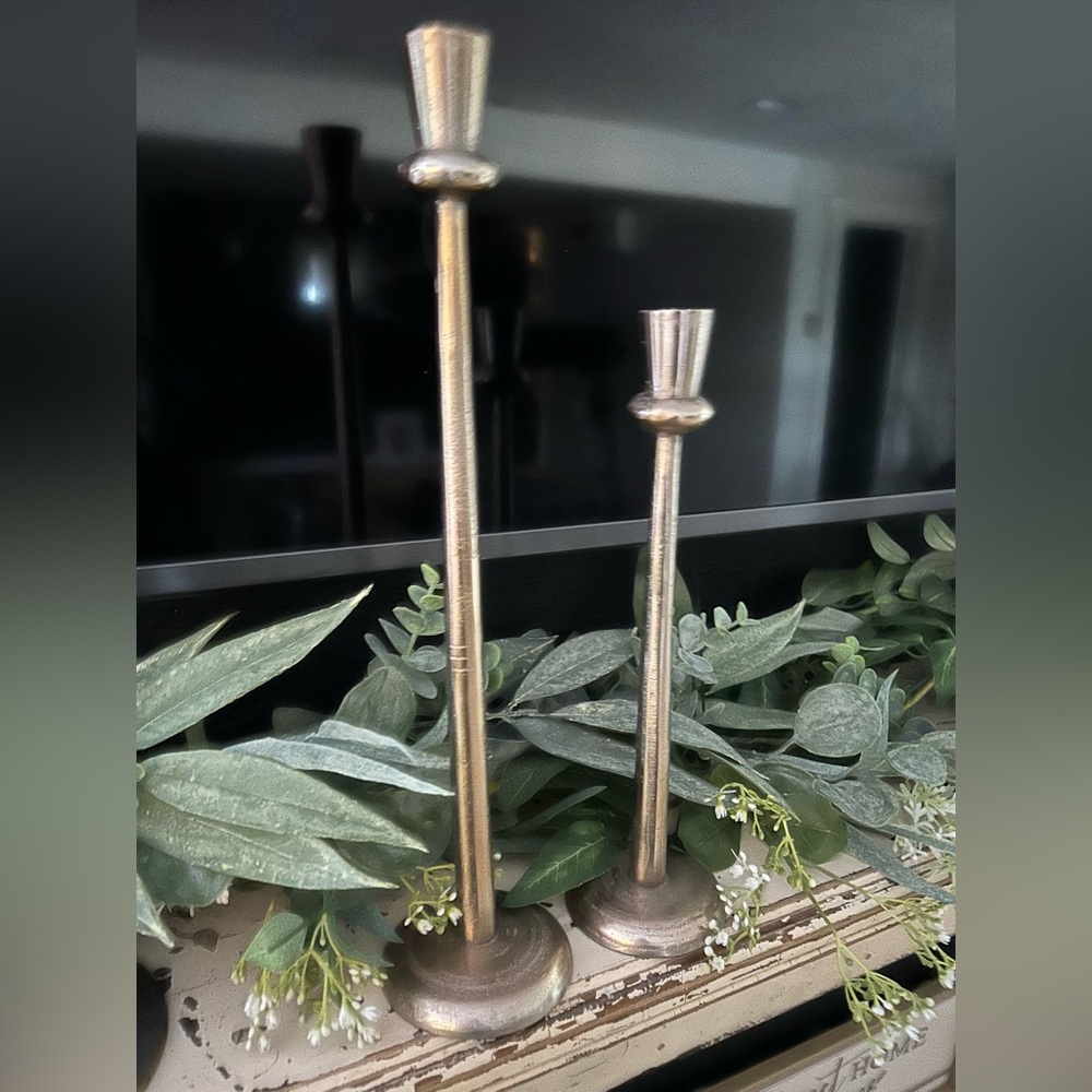 Tall silver tone candle holders candlesticks Pewter Set of 2
